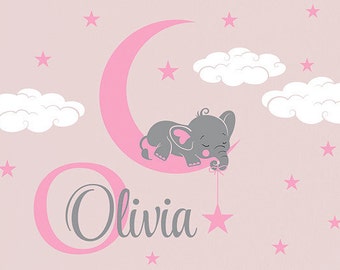 Elephant on Moon Custom Name Personalized Initial Wall Decal Sticker for Nursery, Girl's Room or Playroom, Nursery Monogram