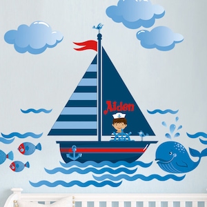 Nautical Personalized Repositionable Fabric Wall Decal Sticker for Nursery, Boy&#39;s Room or Playroom, Sail Boat, Ship, Whale Decal, PVC Free