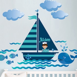 Nautical Personalized Repositionable Fabric Wall Decal Sticker for Nursery, Boy&#39;s Room or Playroom, Sail Boat, Ship, Whale Decal, PVC free