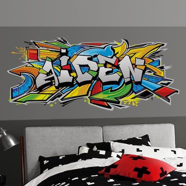 Graffiti Art Nom personnalisé Autocollant mural repositionnable, Autocollant, Murale pour chambre d’enfant, Garçon, Décor de chambre d’adolescent Sans vinyle, Non toxique