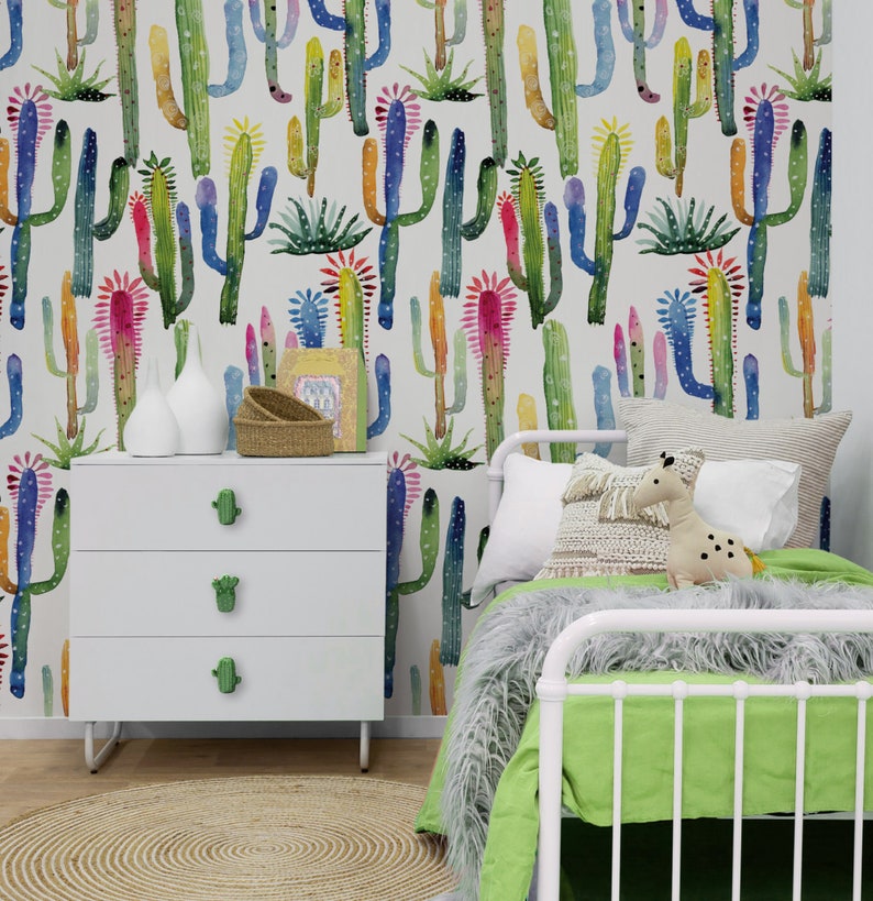 Watercolor Cacti Repositionable Wallpaper, Peel & Stick Wallpaper, Self Adhesive Fabric Wallpaper for Kid's Room or Nursery, PVC Free 251 image 1