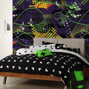 May include: A bedroom with a black and white patterned bedspread and a green and yellow patterned wallpaper. The wallpaper features abstract shapes and designs. There is a green backpack on the floor next to the bed.