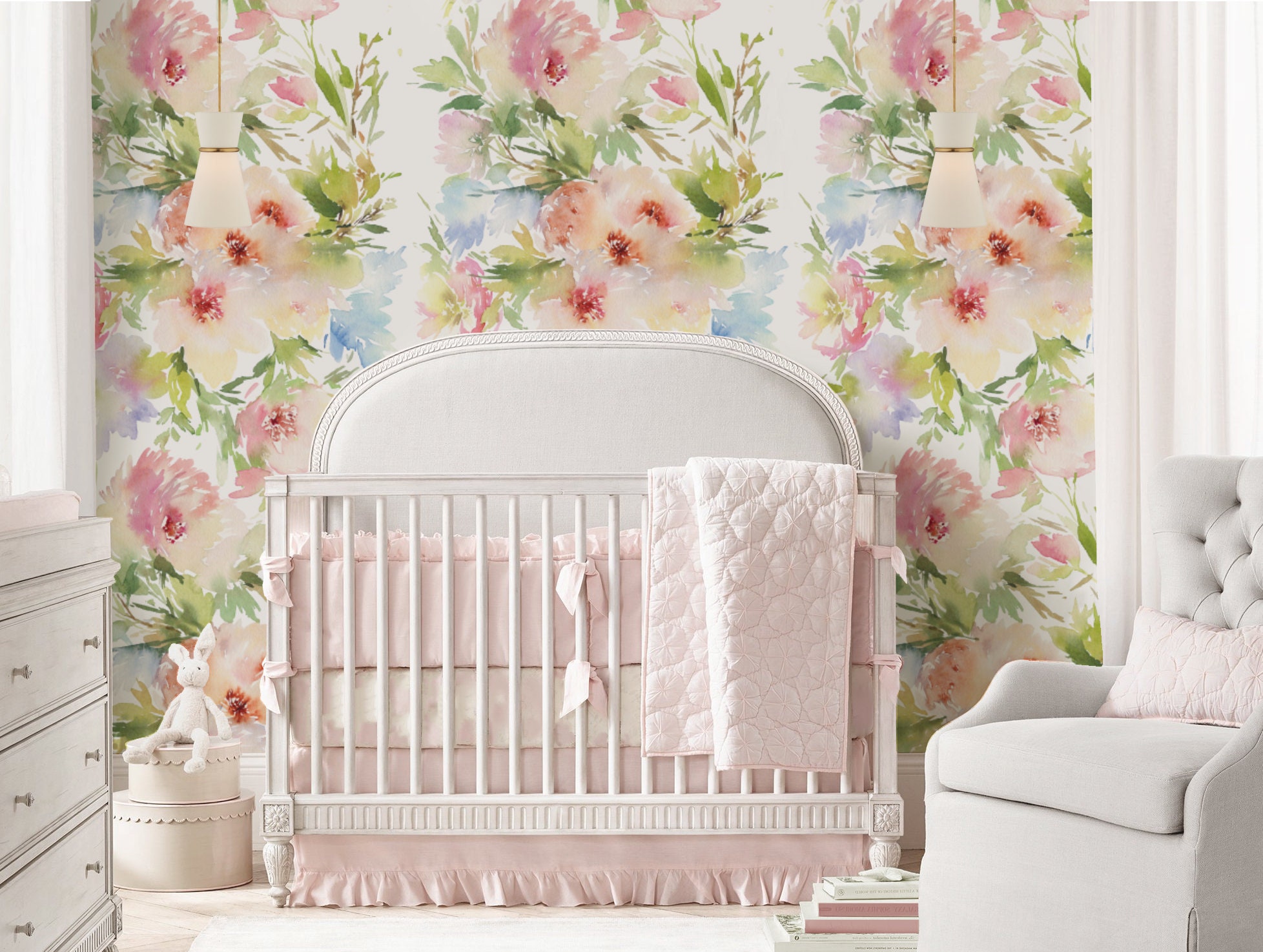 Watercolor Floral Repositionable Wallpaper, Peel and Stick Wallpaper ...