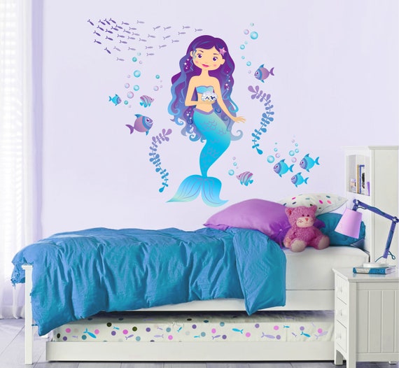 Sticker mural en tissu repositionnable sirène pour chambre de bébé