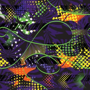 May include: Abstract seamless pattern with a purple background, green, yellow, orange, and white shapes, stars, and polka dots.