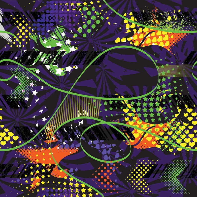 May include: Abstract seamless pattern with a purple background, green, yellow, orange, and white shapes, stars, and polka dots.