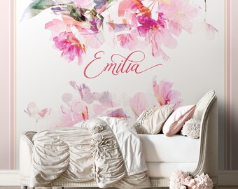Watercolor Personalized Floral Repositionable Wallpaper Kit , Peel and Stick Mural Wallpaper, Fabric Wallpaper, Floral Nursery Wall Decor
