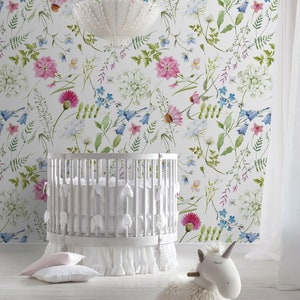 Watercolor Floral Repositionable Fabric Wallpaper, Peel Stick Wallpaper, Floral Fabric Wallpaper for Nursery or Girl&#39;s Room, PVC Free, #435