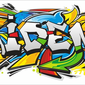 Graffiti Art Nom personnalisé Autocollant mural repositionnable, Autocollant, Murale pour chambre denfant, Garçon, Décor de chambre dadolescent Sans vinyle, Non toxique Multicolored