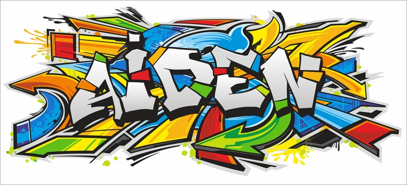 Graffiti Art Nom personnalisé Autocollant mural repositionnable, Autocollant, Murale pour chambre denfant, Garçon, Décor de chambre dadolescent Sans vinyle, Non toxique Multicolored