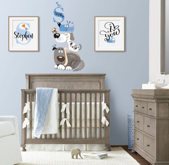 Dogs Puppy Themed Personalized Name Custom Initial Repositionable Fabric Wall Decal Sticker For Nursery Girl S Boy S Room Or Playroom