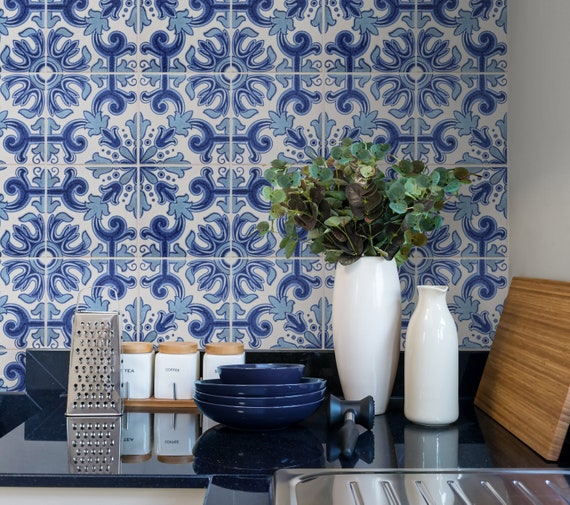 Blue Moroccan Tile Repositionable Removable Wallpaper Peel & - Etsy
