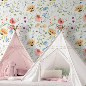 Watercolor Floral Repositionable Removable Wallpaper, Peel & Stick Fabric Wallpaper, Floral Wallpaper for Nursery, Girl's Room, PVC Free 567
