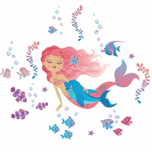 Mermaid with Dolphin Repositionable Wall Decal for Nursery or Girl&#39;s Room, Eco Friendly Sticker, Mermaid Girl&#39;s Room Decor PVC Free