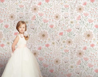 Floral Repositionable Removable Wallpaper, Peel & Stick Fabric Wallpaper, Floral Self Adhesive Wallpaper, PVC Free Non Toxic #614G