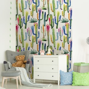 Watercolor Cacti Repositionable Wallpaper, Peel & Stick Wallpaper, Self Adhesive Fabric Wallpaper for Kid's Room or Nursery, PVC Free 251 image 3