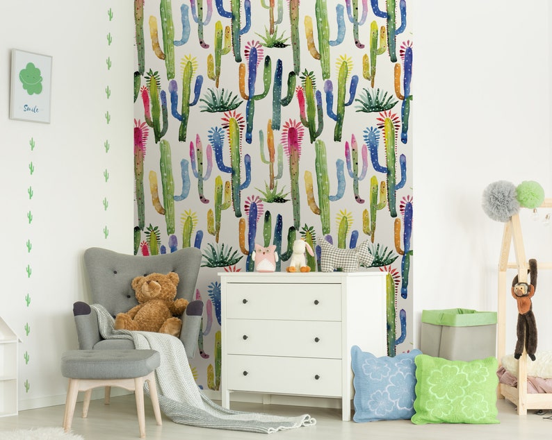 Watercolor Cacti Repositionable Wallpaper, Peel & Stick Wallpaper, Self Adhesive Fabric Wallpaper for Kid's Room or Nursery, PVC Free 251 image 3