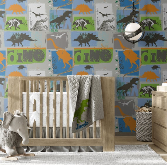 Dinosaurs Repositionable Removable Wallpaper, Peel and Stick Fabric Wallpaper for Nursery or Kid's Room, Dinosaurs Print Wallpaper #53