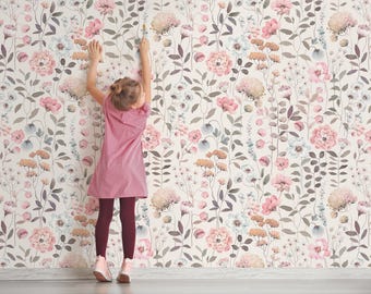 Watercolor Peel & Stick Floral Fabric Wallpaper, Floral Self-Adhesive Removable Wallpaper for Nursery or Girl's Room, PVC Free Non-Toxic 677