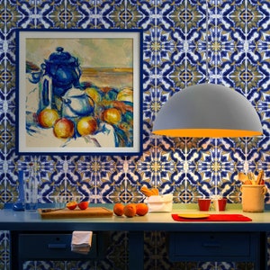 Blue Yellow Moroccan Tile Repositionable Removable Wallpaper, Peel & Stick Fabric Wallpaper, Spanish Portuguese Azulejo Tile, PVC Free #4