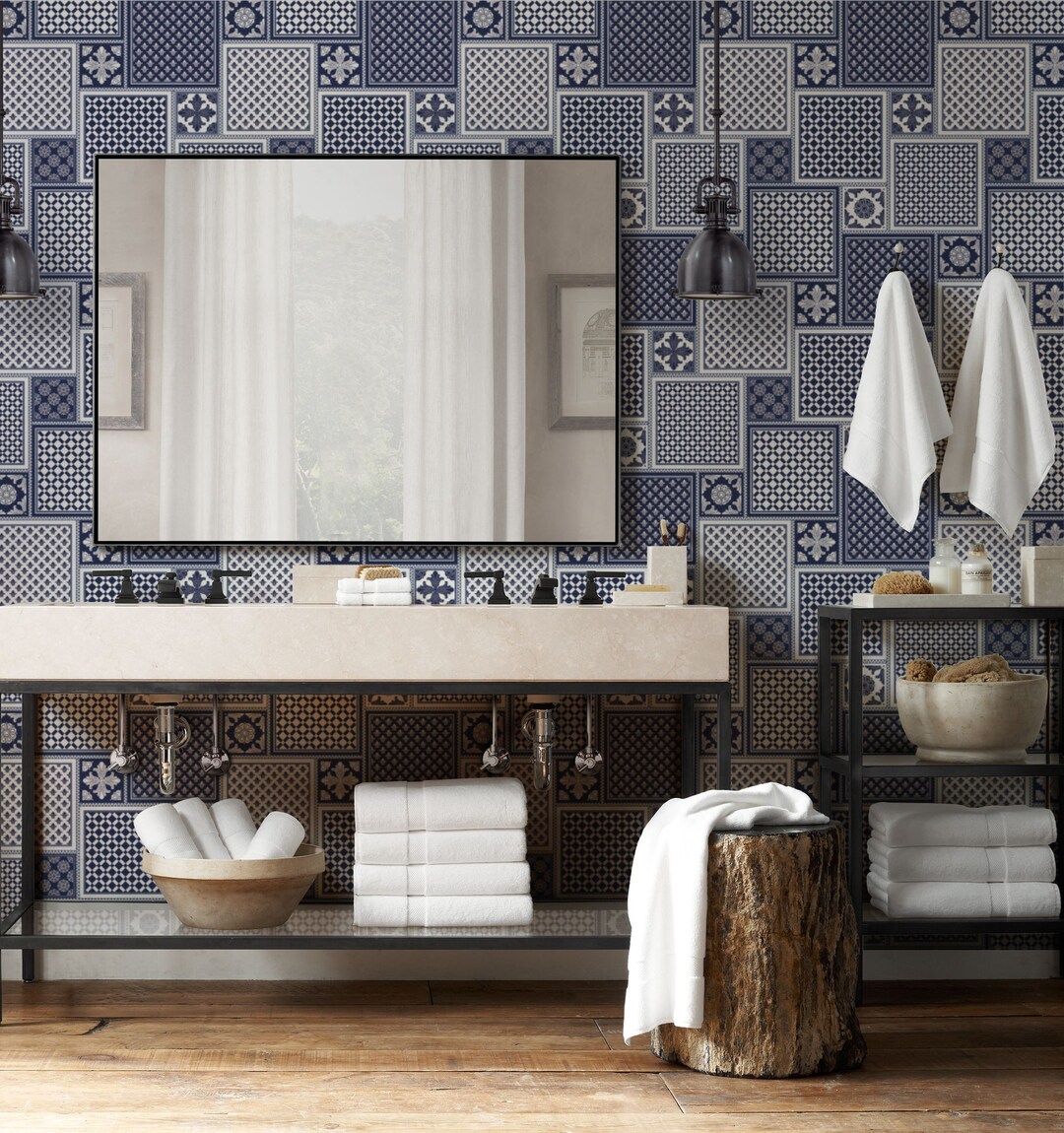 Blue Moroccan Mosaic Tile Repositionable Removable Wallpaper, Peel ...