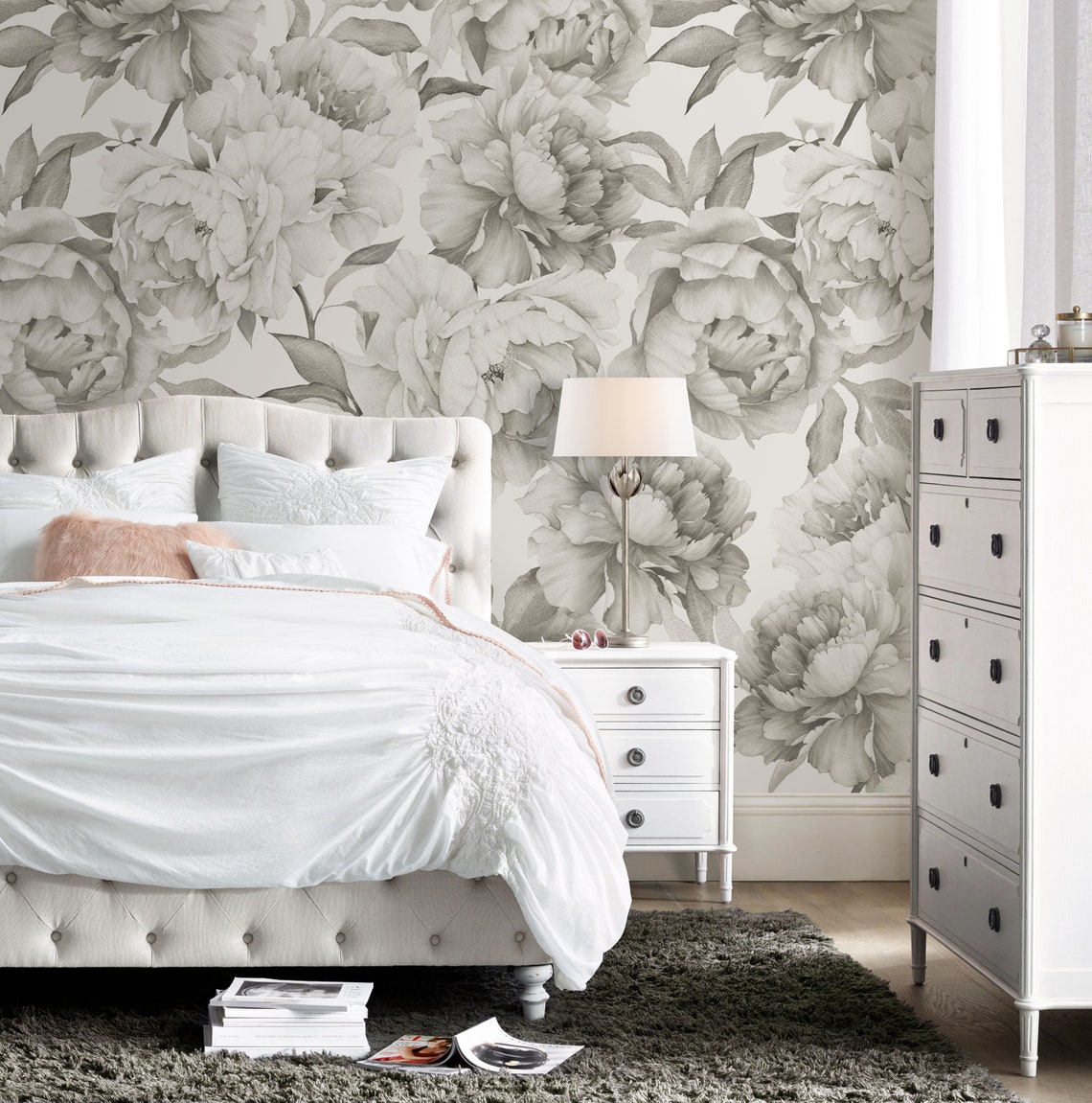 Watercolor Peonies Repositionable Wallpaper, Peel and Stick Wallpaper ...