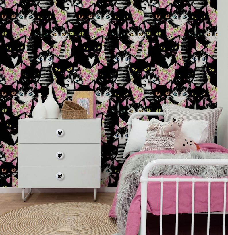 Cats Repositionable Wallpaper Peel and Stick Wallpaper Kitty Etsy