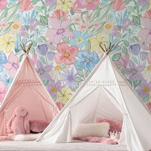 Floral Repositionable Wallpaper, Peel & Stick Wallpaper, Floral Fabric Wallpaper, Floral Wallpaper for Nursery or Girl&#39;s Room, PVC Free #593
