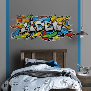 Graffiti Art Nom personnalisé Autocollant mural repositionnable, Autocollant, Murale pour chambre denfant, Garçon, Décor de chambre dadolescent Sans vinyle, Non toxique image 2