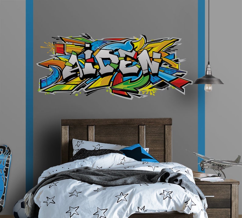 Graffiti Art Nom personnalisé Autocollant mural repositionnable, Autocollant, Murale pour chambre denfant, Garçon, Décor de chambre dadolescent Sans vinyle, Non toxique image 2