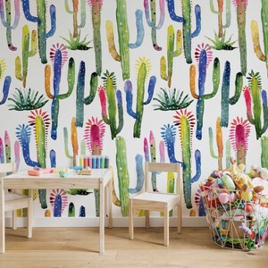 Watercolor Cacti Repositionable Wallpaper, Peel & Stick Wallpaper, Self Adhesive Fabric Wallpaper for Kid's Room or Nursery, PVC Free 251 image 2