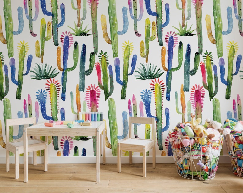 Watercolor Cacti Repositionable Wallpaper, Peel & Stick Wallpaper, Self Adhesive Fabric Wallpaper for Kid's Room or Nursery, PVC Free 251 image 2