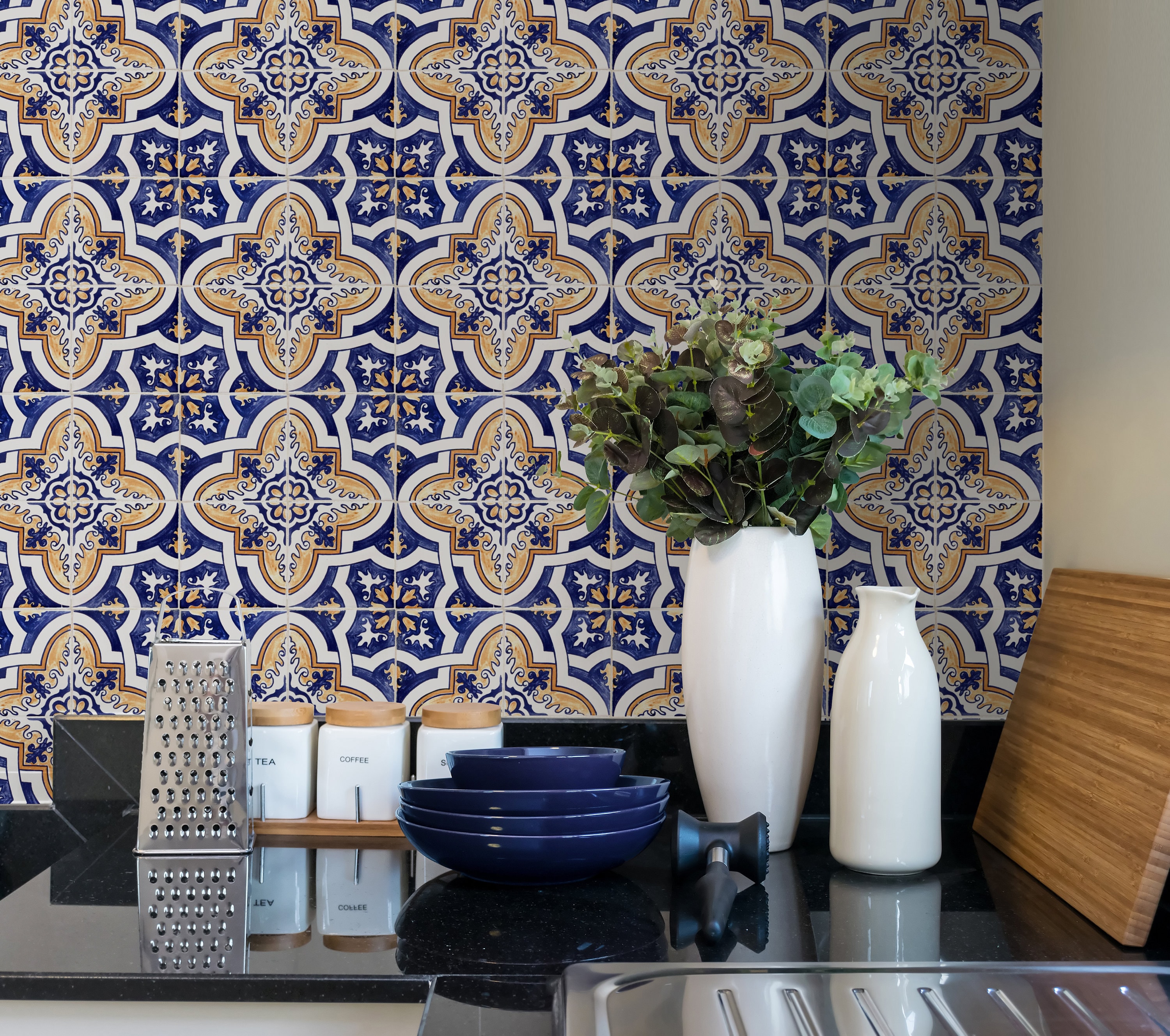 blue moroccan tiles kitchen
