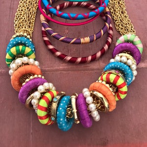 Big RJ Graziano Vibrantly Colored Pearls Gold Tone Necklace and 7 Bangles Bracelet Statement Set