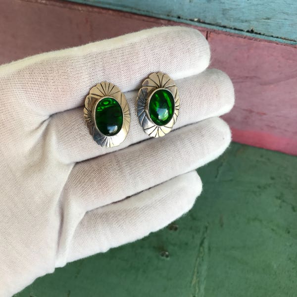 Navajo Nakai Vibrant Green Abalone Shell Sterling Silve Post Stud Concho Native American Indian Old Dead Pawn Tribal Earrings 6g