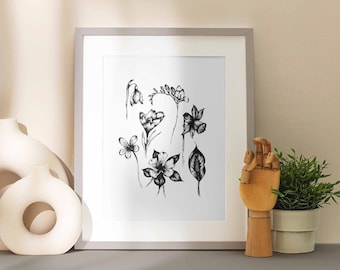 Minimal Flower Wall Art Print | Gardener Gift | Black & White