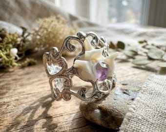 Snake Vertebrae and Amethyst Ring, Silver Plated, Real Bone Jewelry, Adjustable
