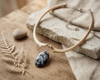 Collier en os de coyote, pierre précieuse obsidienne Smowflake, bijoux en os véritable