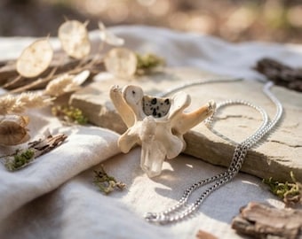 Raccoon Vertebrae Necklace, Clear Quartz & Dalmatian Jasper, Real Bone and Crystal Jewelry