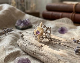 Bague vertèbres de serpent, améthyste, plaqué argent, bijoux en os véritable, réglable
