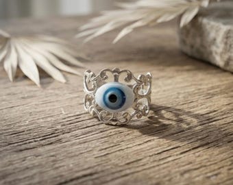 Filigree Vintage Blue Doll Eye Ring, Evil Eye Adjustable Silver Plated
