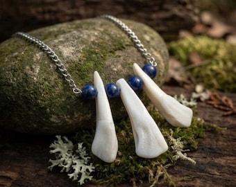 Collier dents de buffle, perles de lapis lazuli, bijoux en os véritable