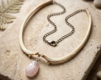 Coyote Rib Bone and Rose Quartz Necklace, Oddities and Curiosities