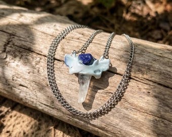 Raccoon Atlas Bone and Crystal Necklace, Clear Quartz, Lapis Lazuli