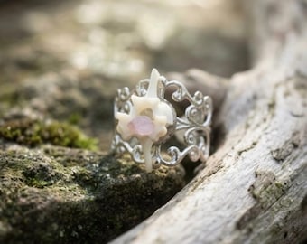 Snake Vertebrae and Rose Quartz Ring, Silver Plated, Real Bone Jewelry, Adjustable