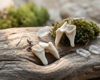 Boucles d'oreilles dents de coyote, acier inoxydable, bijoux en os véritable