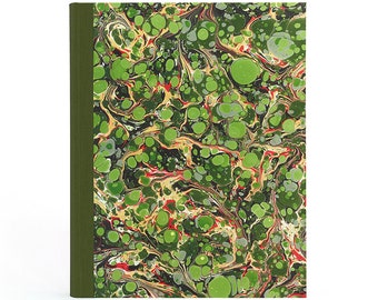 May include: A green, red and gold marbled notebook with a green spine. The cover has a swirling pattern with green, red and gold circles.