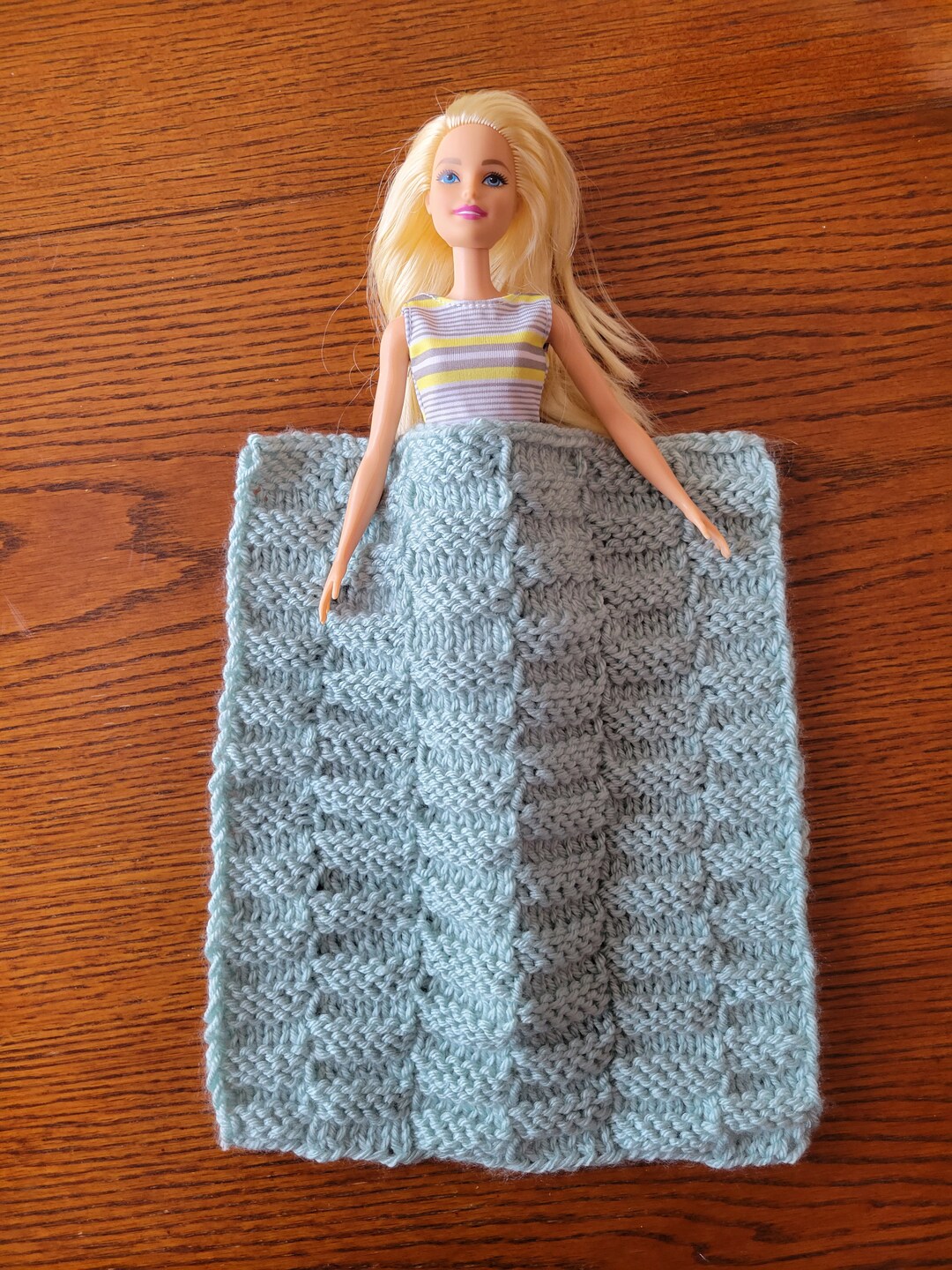 Hand Knit Baby Doll Blanket Mint Handmade Bed Cover/ Doll House Blanket