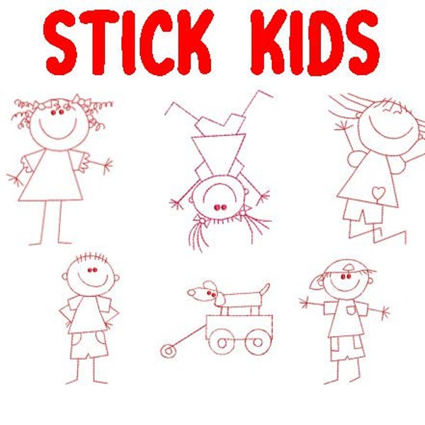 Stick Figure Family, Machine Embroidery Design, Redwork Embroidery collection, 2 boys, 3 girls, with dog and wagon, Digital File