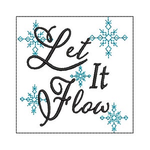 以下が含まれることがあります： 白い背景に、黒い筆記体で「Let It Flow」という文字が書かれています。文字の周りに青い雪の結晶のデザインが施されています。